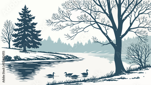 Winter landscape river snow trees ducks nature outdoor scene peaceful blue illustration