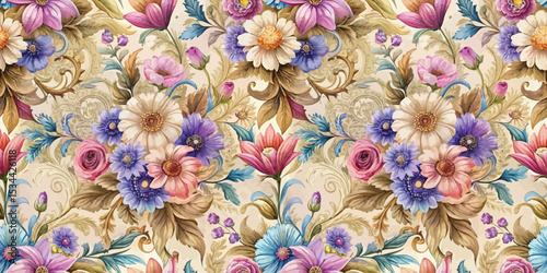 Vibrant floral pattern with colorful blossoms on a cream background.