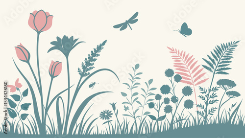 Decorative Floral Nature Illustration Vector Background Border with Flowers Plants Insects Butterfly Dragonfly Grass