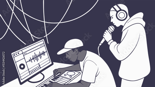 Young musicians making music in recording studio. Producer at computer mixing, singer recording vocals with microphone.