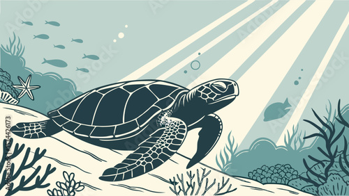 Beautiful Sea Turtle Swimming Underwater in Ocean with Sunlight Rays and Coral Reef