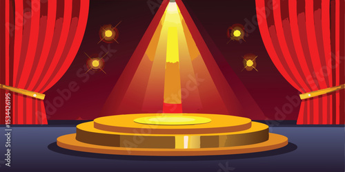 Illuminated stage with golden spotlight and red curtains for performance or event