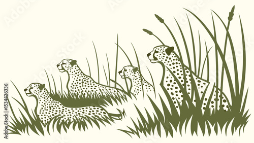 Group of wild cheetahs and cubs hiding in tall grass on the African savanna wildlife nature scene illustration.