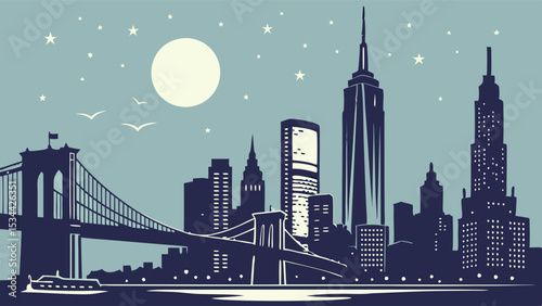 New York City USA Skyline and Brooklyn Bridge Illustration at Night. Urban Cityscape with Moon and Stars.