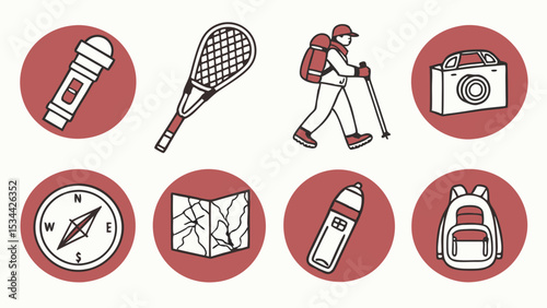 Hiking Outdoor Adventure Trekking Gear Icons Set. Compass Map Backpack Camera Water Bottle Flashlight Symbols Travel Equipment.