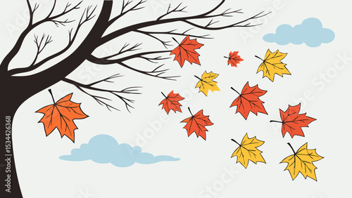 Autumn leaves falling from tree in wind. Colorful fall foliage blowing away. Seasonal nature background.