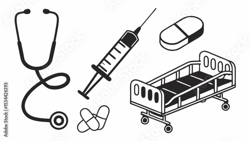 Medical and healthcare equipment collection stethoscope syringe pills hospital bed icons