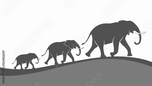 Elephant family walking silhouette mother and baby journey and growth