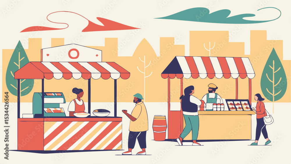 Flat Illustration of a Lively Outdoor Street Food Market Scene with Striped Stalls Vendors and Customers in an Urban Park Setting Flat Illustration of a Lively Outdoor Street Food Market Scene with Striped Stalls Vendors and Customers in an Urban Park Setting