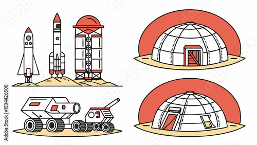 Flat Design Sci-Fi Space Exploration Base Vector Illustration Rockets Launch Tower Rover Habitat Domes Art Set