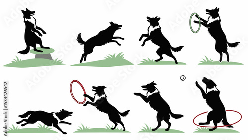 Detailed Dynamic Black and White Dog Agility Training Tricks Silhouette Illustration Set Jumping Hoops Catching Frisbee Balancing Ball Canine Sports Vector Graphic Art