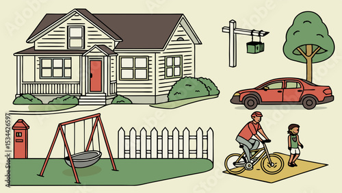 Simple cartoon illustration of a suburban house for sale sign a red car a playground people a tree and mailbox