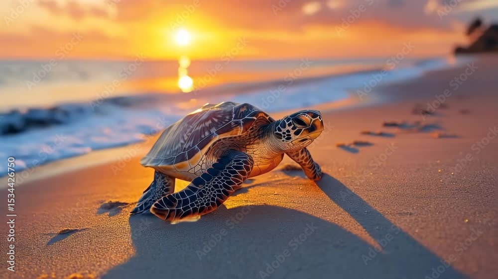 Sea turtle sandy beach sunset with vibrant sky reflecting water, ocean waves gently reaching shore, wildlife natural habitat, nature animal shell, peaceful and serene atmosphere, scenic coastline
