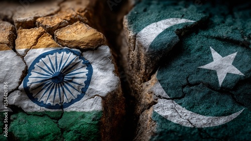 Divided Nations: The symbolic representation of the nations India and Pakistan, illustrated by their respective flags, is cracked and separated, conveying themes of conflict and division.