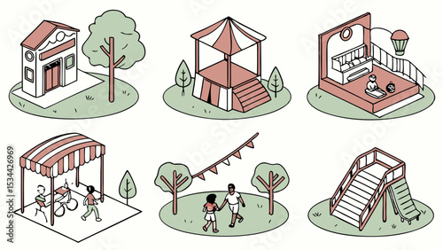 Simple Isometric Vector Illustrations of Outdoor Park, Fairground, Market, Stage, Playground Scenes with People