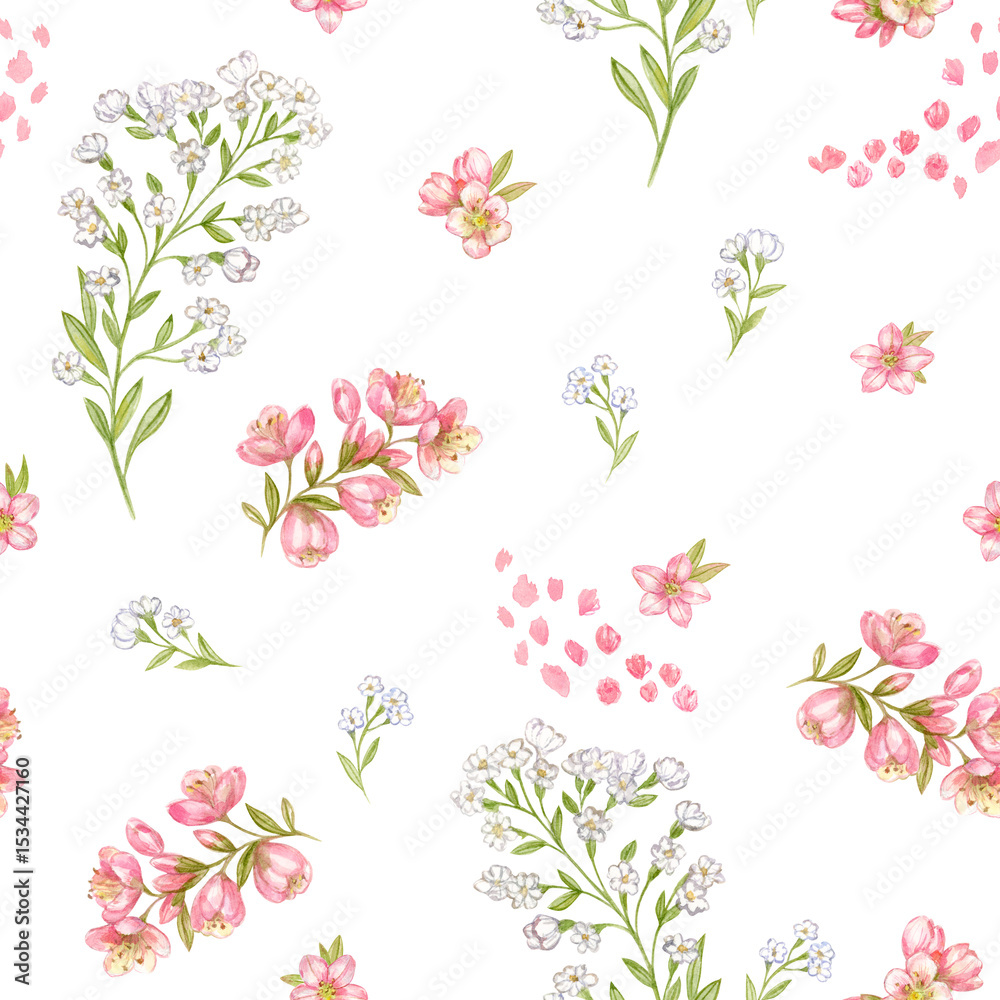 Obraz premium Delicate wild flowers on a white background, pattern, watercolor illustrations