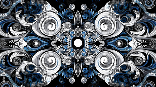 Intricate swirling patterns in shades of blue and silver create a mesmerizing abstract design