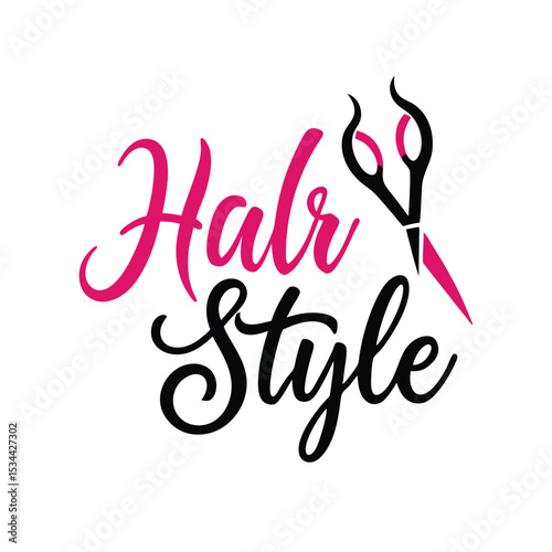 Hair style design with scissors graphic in pink and black for beauty salons