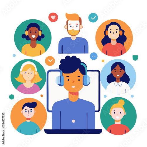 Diverse group of people connected through a virtual video conference, representing remote teamwork and online communication.