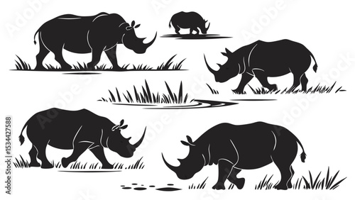 Rhino silhouettes wildlife animals nature savanna landscape black and white group