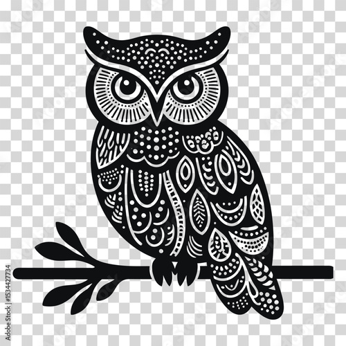 Cute wise owl character with big eyes on a tree branch, a vector illustration of a wild night bird in nature