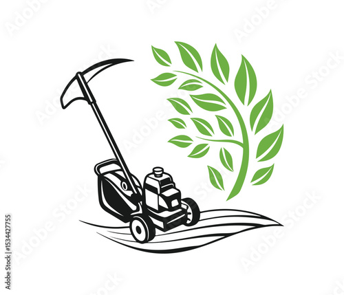 Organic Lawn Care Logo Vector with Mower and Leaf, Eco-Friendly Grass Cutting and Gardening Silhouette, Green Landscaping Logo, Minimalist Organic Lawn Service.