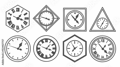 Set of Different Clock Icons Time Symbols Collection Various Shapes Black and White Line Art Vector Illustration