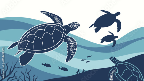 Sea Turtles Swimming in the Blue Ocean Underwater Marine Life Nature Wildlife Vector Illustration