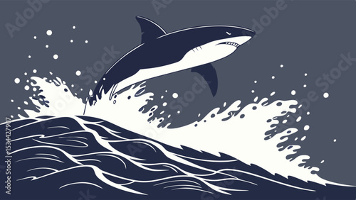 Powerful shark jumping out of ocean water, dynamic marine predator breach, wildlife action.