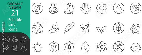 Organic vegan editable line icon set featuring cruelty-free, eco-friendly, GMO-free, gluten-free, plant-based, and sustainable lifestyle elements. Ideal for branding.