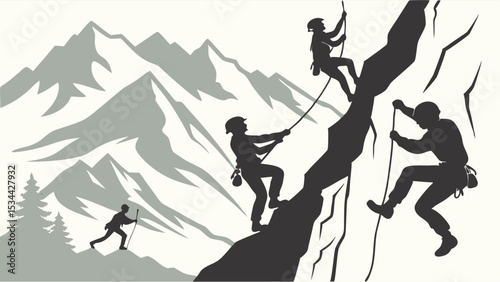 Mountain climbing rock climbing adventure team silhouette vector illustration outdoor sport challenge teamwork