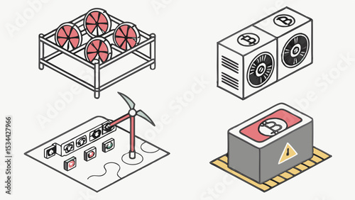 Isometric Art Featuring Bitcoin Crypto Mining Rigs Hardware Wind Power and Block Reward