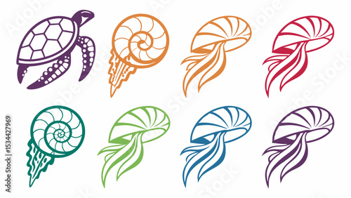Set of 8 Simple Stylized Colorful Marine Life Graphic Icons Featuring Sea Turtle Nautilus Shells and Jellyfish