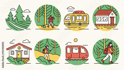 Outdoor adventure travel hiking nature transportation buildings icons set vector line art illustration graphic bundle