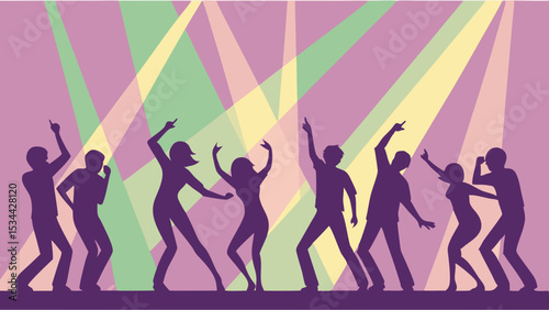 Group of people dancing silhouettes at a vibrant disco party