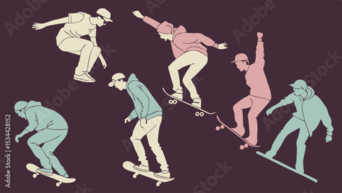 Skateboarding youth lifestyle illustration set action sport hobby graphic design element