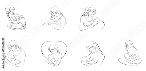 World Breastfeeding Week Special: Mother Nursing Newborn Baby Silhouette Line Art Vector Illustration Set for Parenting & Maternity Campaigns