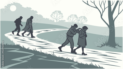 Group of people walking on a path outdoors, supporting each other, concept of journey, teamwork, help, and overcoming challenges.
