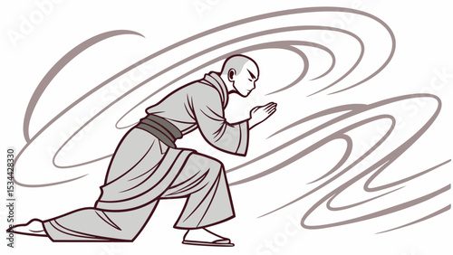 Asian monk in martial arts stance with swirling energy, showing power, focus, strength, and spiritual discipline.