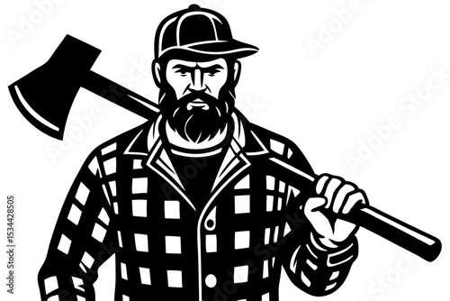 Strong Lumberjack with Axe Classic Black and White Illustration
