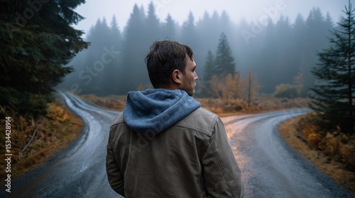 Navigating the Crossroads: A lone individual stands at a pivotal junction where the road diverges.  Reflecting on the unknown pathways ahead.