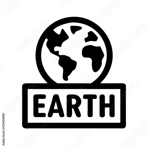 Earth globe icon with label in black minimal silhouette style