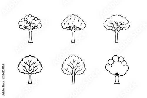 Line art vector illustration set of orange apple rain rosewood sycamore tree Line Art Vector illustration