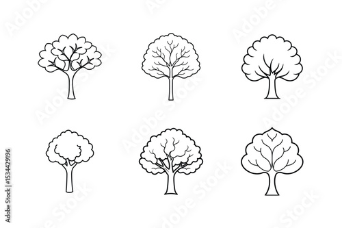 Line art vector illustration set of dogwood elm horse chestnut kauri oak fig tree Line Art Vector illustration