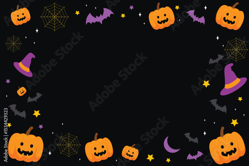 black halloween background with pumpkins, spider webs, stars, and witch hats