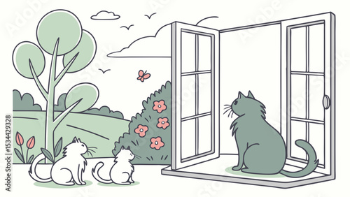 Peaceful simple line art illustration of a grey cat in a window and white kittens in a garden watching birds and a butterfly. Cute nature scene.