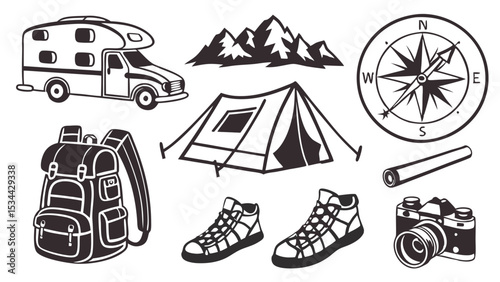 Camping and Outdoor Adventure Gear Illustration Set - RV Tent Mountains Compass Backpack Boots Camera - Black and White Line Art