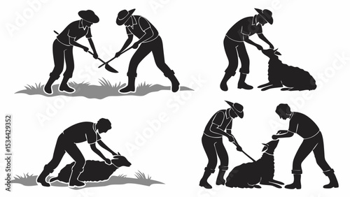 Black White Silhouette Illustration Farmers Shepherds Handling Sheep Digging Rural Farm Animal Care