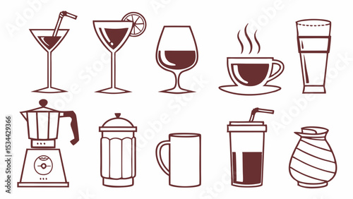 Simple Line Art Icons Set Featuring Various Drinks, Coffee, Cocktails, Wine, and Beverage Equipment