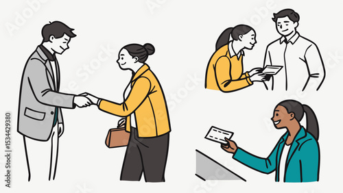 Line art illustrations of business people meeting shaking hands networking and exchanging cards professional interactions